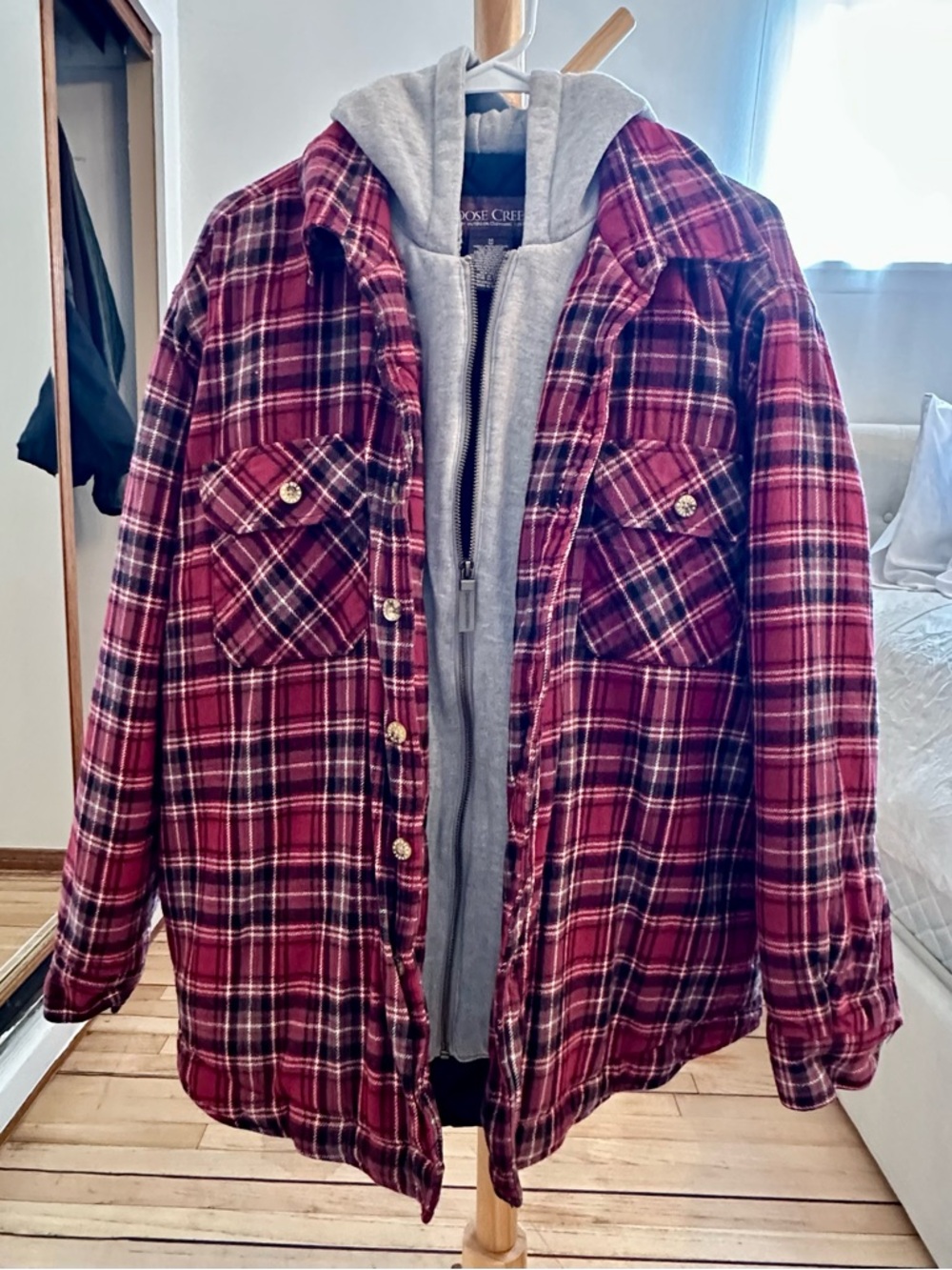 Men's Lightweight Red Plaid Shirt Jacket with Grey Hoodie Layer